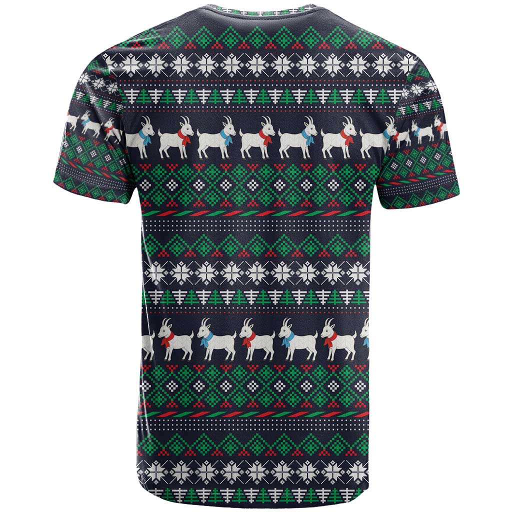 Cute Reindeer in Santa Hat T-Shirt with Red Green Snowflake Knit Pattern Design Graphic Tee