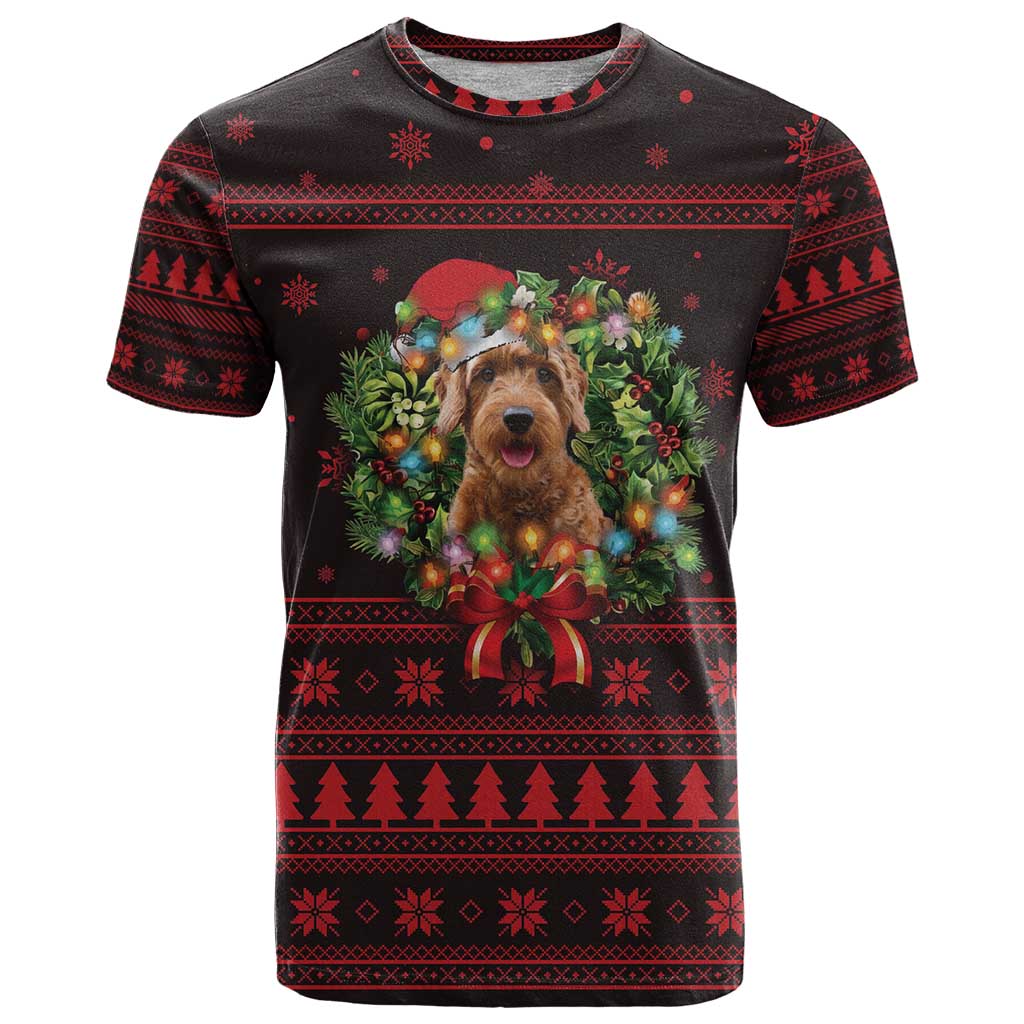 Wreath and Santa Dog in Red T-Shirt with Black Holiday Pattern Design Graphic Tee