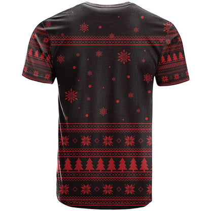 Wreath and Santa Dog in Red T-Shirt with Black Holiday Pattern Design Graphic Tee