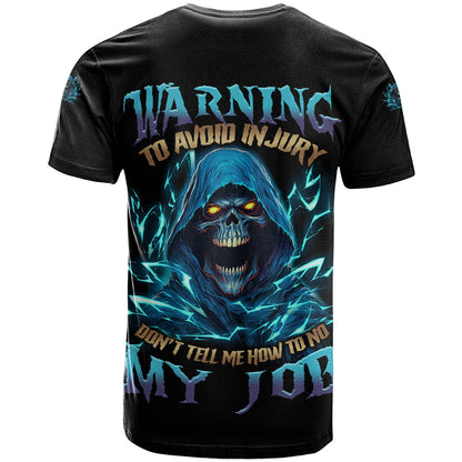 Warning To Avoid Injury Mad Reaper Skull T-Shirt Graphic Tee