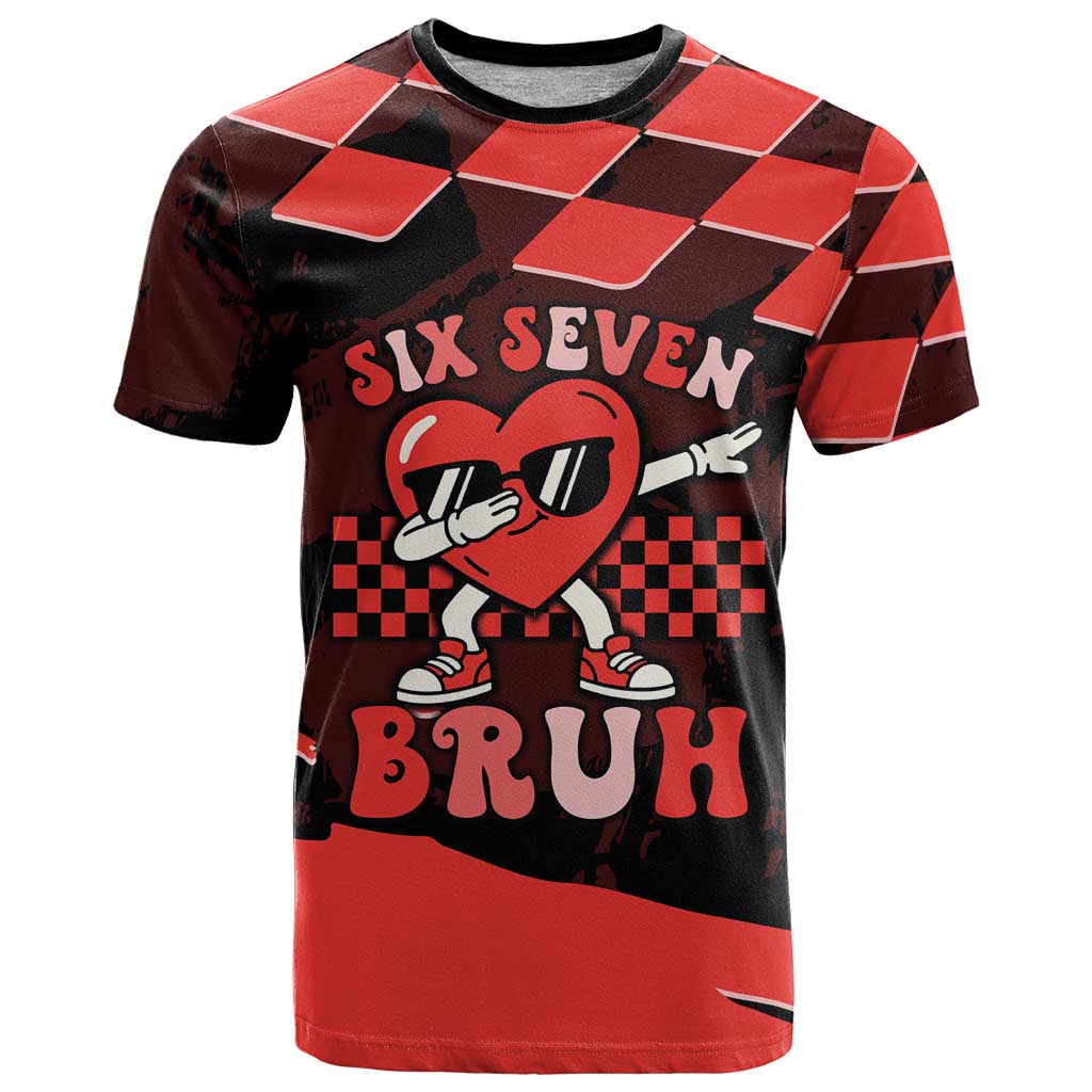Six Seven Bruh Heart T-Shirt 67 Meme Cool Valentine’s Day Character Dabbing Graphic Tee