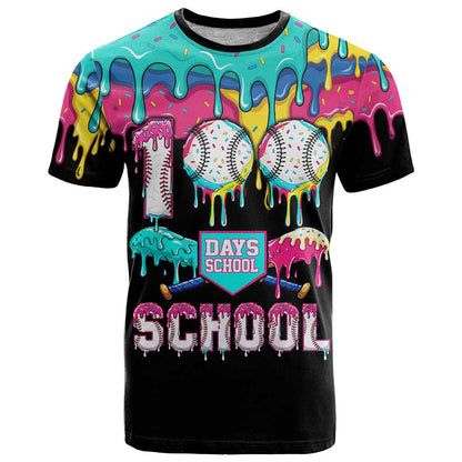 100 Days of School Baseball T-Shirt with Sweet Melting Drip Pattern Graphic Tee