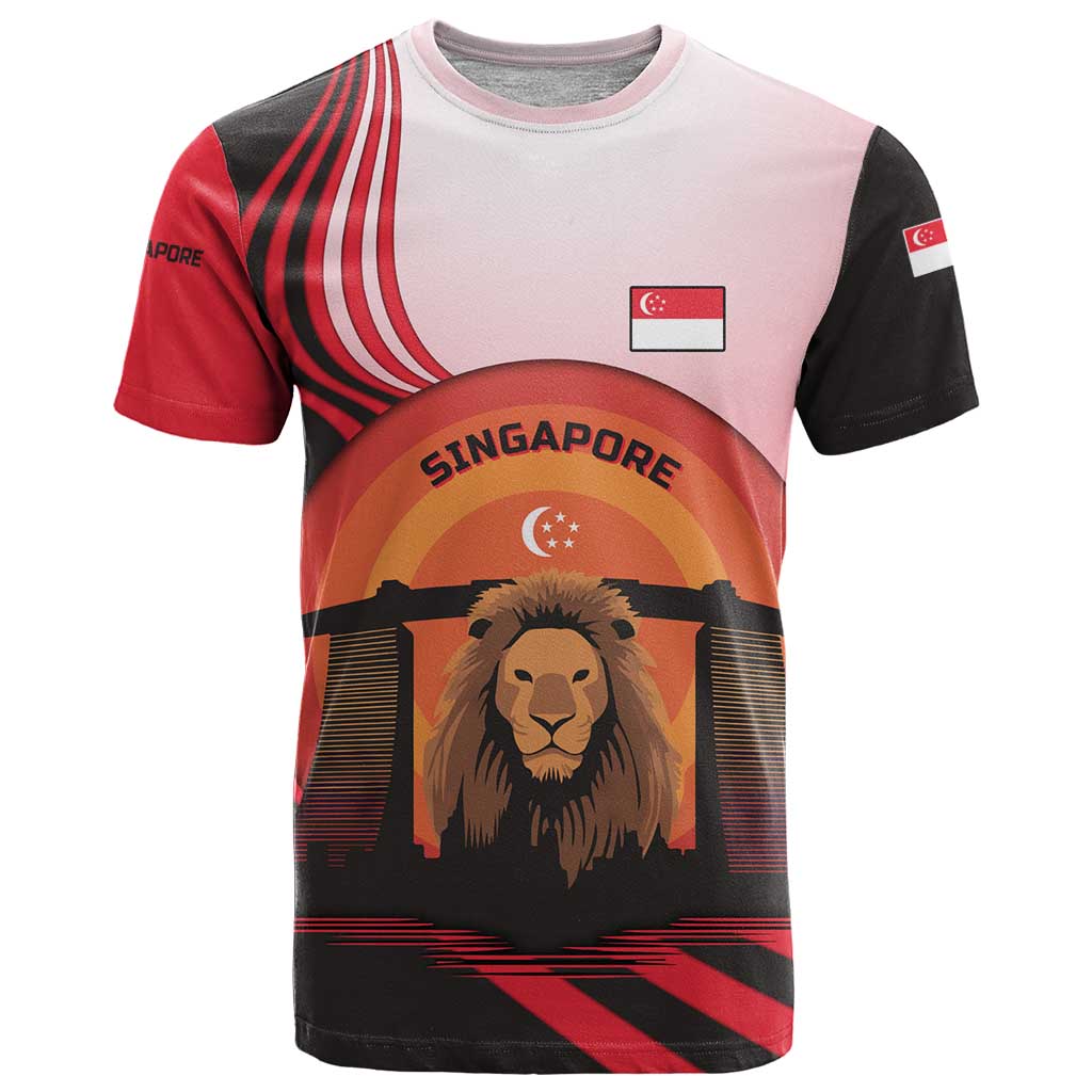 Singapore Lion T-Shirt with Sunset Marina Bay Design and National Flag Graphic Tee