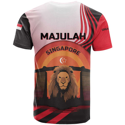 Singapore Lion T-Shirt with Sunset Marina Bay Design and National Flag Graphic Tee