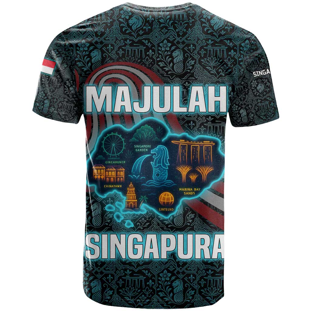 Singapore T-Shirt with National Icons and Majulah Singapura Script Graphic Tee