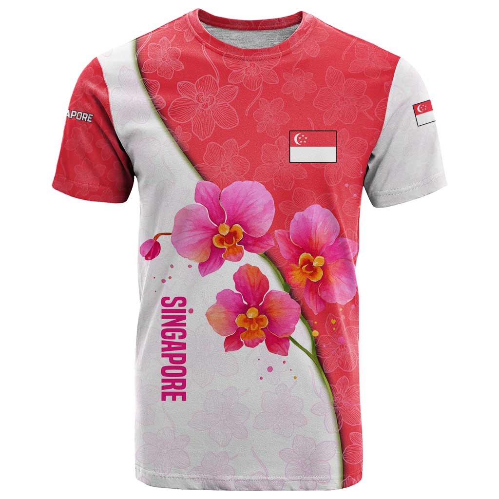 Singapore T-Shirt with Orchid Flower Design and National Flag Motif Graphic Tee