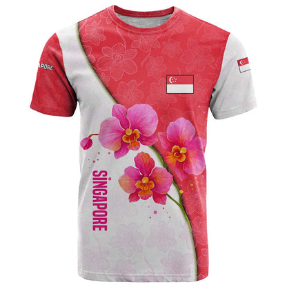 Singapore T-Shirt with Orchid Flower Design and National Flag Motif Graphic Tee