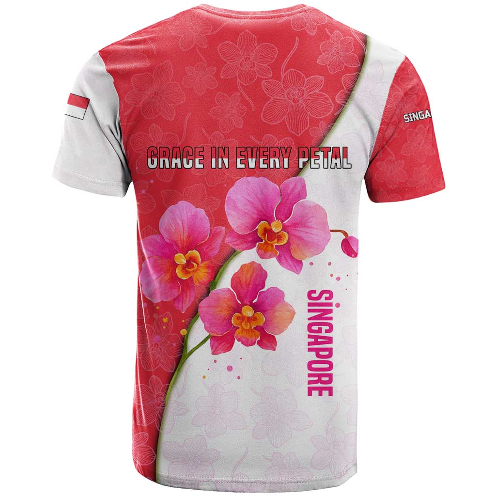 Singapore T-Shirt with Orchid Flower Design and National Flag Motif Graphic Tee