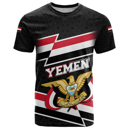 Yemen T-Shirt with National Eagle Emblem and Flag Stripe Design Graphic Tee