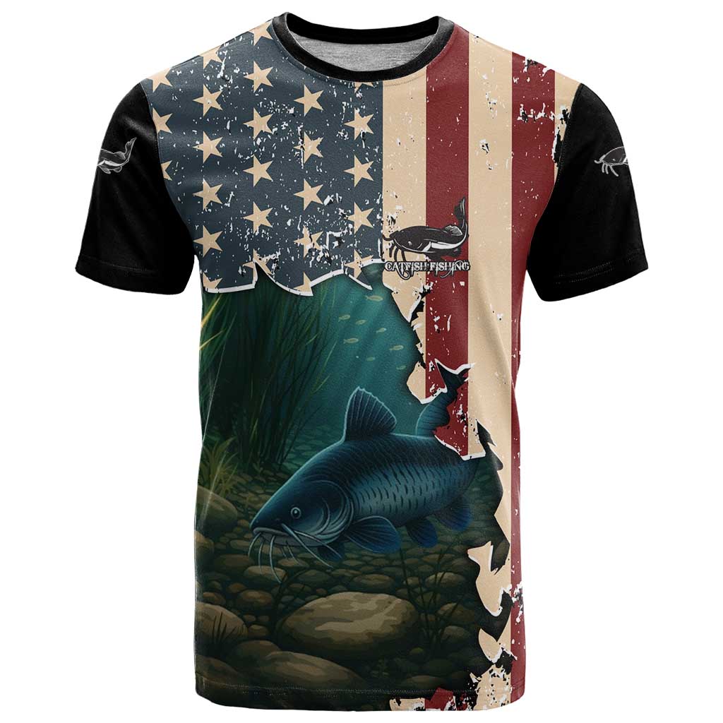 Catfish Fishing T-Shirt with Underwater Scene and Distressed American Flag Background Graphic Tee