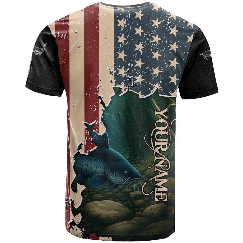 Catfish Fishing T-Shirt with Underwater Scene and Distressed American Flag Background Graphic Tee