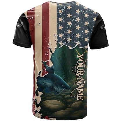 Catfish Fishing T-Shirt with Underwater Scene and Distressed American Flag Background Graphic Tee