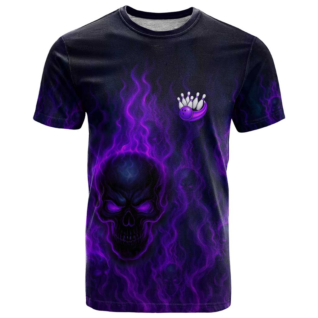 Custom Bowling Purple Flame Skull T-Shirt Custom Team Name on Dark Background Graphic Tee