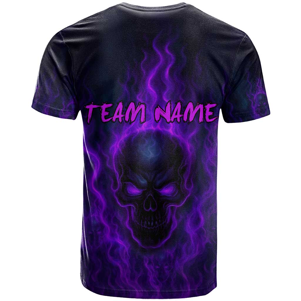 Custom Bowling Purple Flame Skull T-Shirt Custom Team Name on Dark Background Graphic Tee