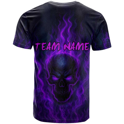 Custom Bowling Purple Flame Skull T-Shirt Custom Team Name on Dark Background Graphic Tee