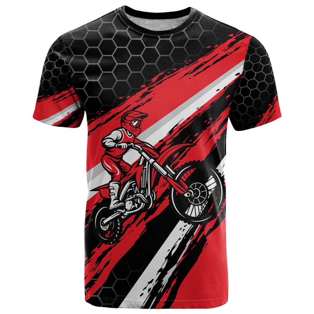 Custom Dirt Bike T-Shirt Motocross Rider Red Black Hex Pattern and Racing Number Graphic Tee