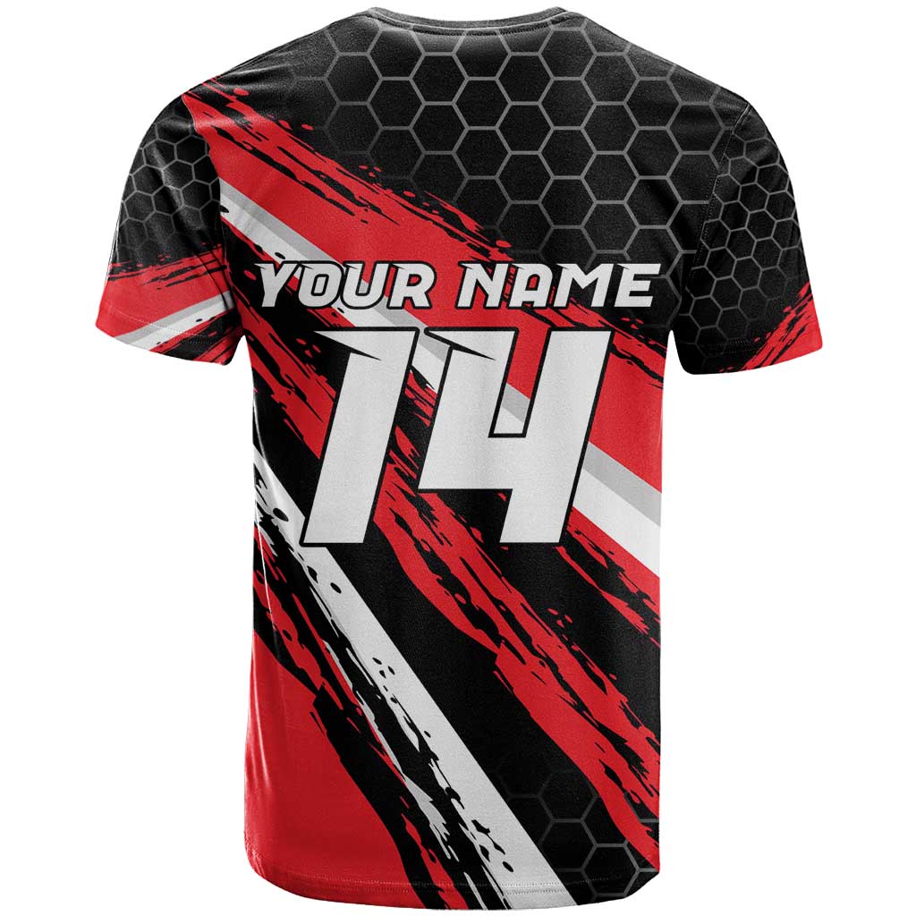 Custom Dirt Bike T-Shirt Motocross Rider Red Black Hex Pattern and Racing Number Graphic Tee