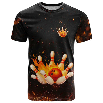 Flaming Bowling Ball Design T-Shirt with Strike Pins and Glowing Fire Sparks on Dark Background Graphic Tee