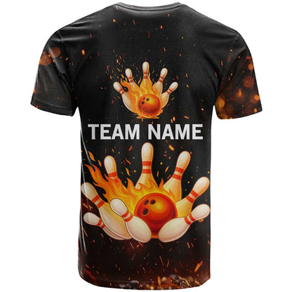 Flaming Bowling Ball Design T-Shirt with Strike Pins and Glowing Fire Sparks on Dark Background Graphic Tee