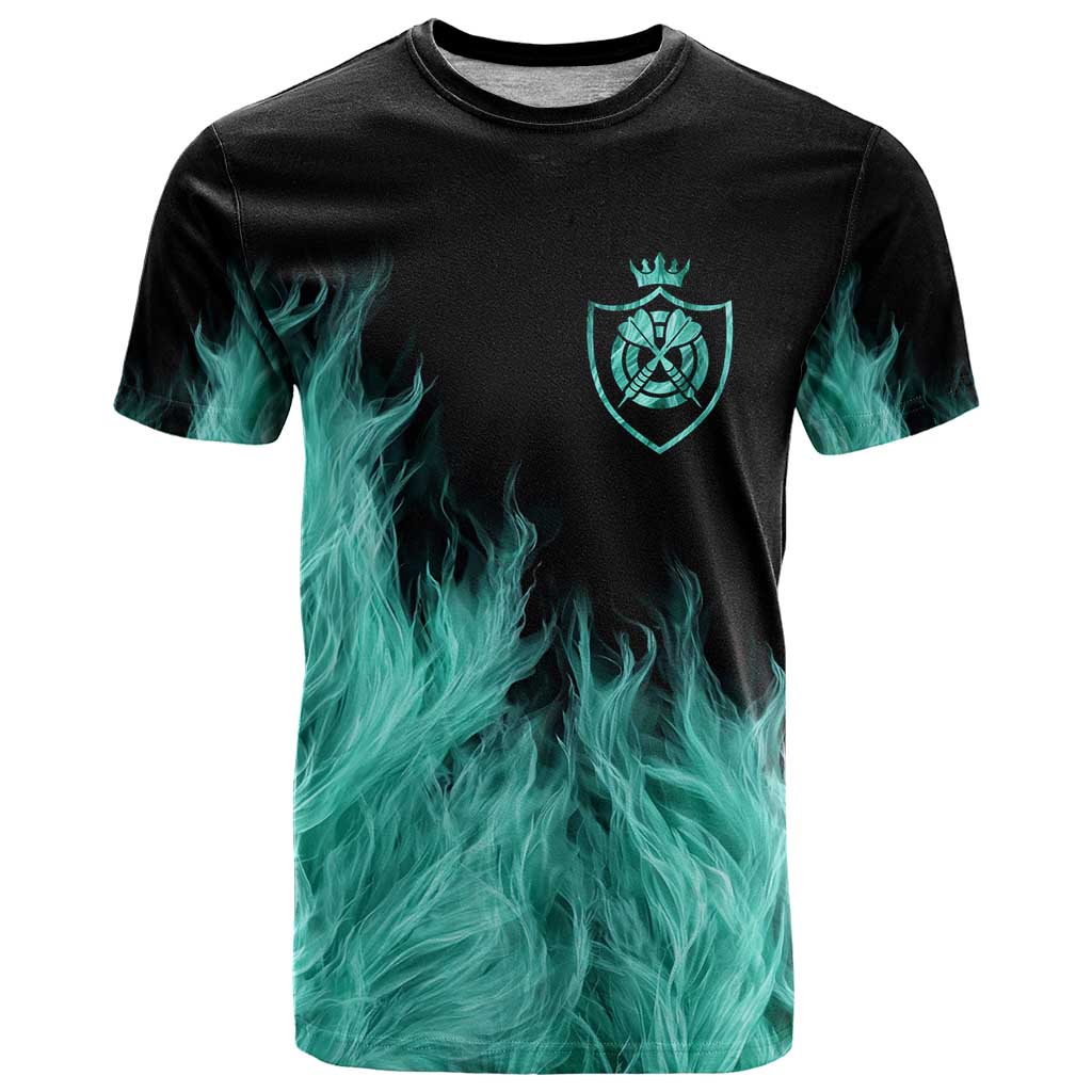 Darts Board T-Shirt with Flaming Green Smoke and Crest Emblem on Black Gradient Background Graphic Tee