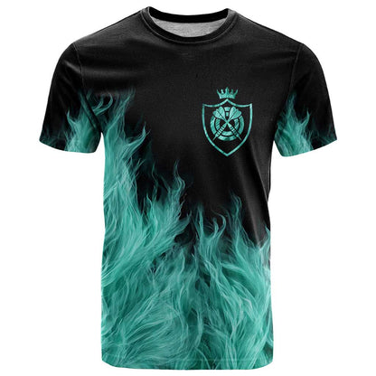 Darts Board T-Shirt with Flaming Green Smoke and Crest Emblem on Black Gradient Background Graphic Tee