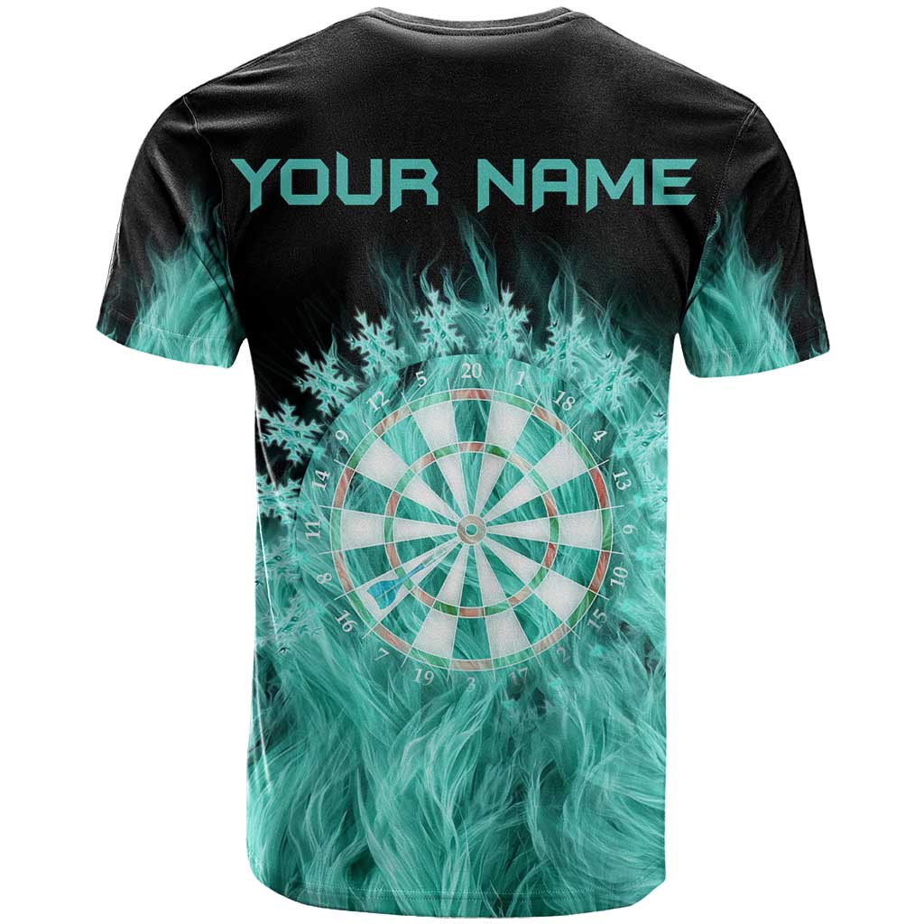Darts Board T-Shirt with Flaming Green Smoke and Crest Emblem on Black Gradient Background Graphic Tee