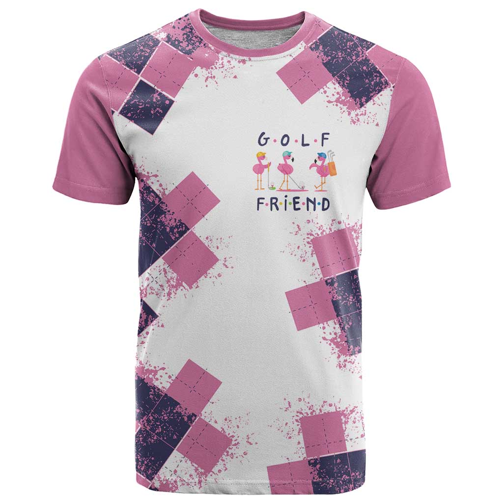 Golf Flamingo Friends T-Shirt Pink Argyle Pattern and Custom Name Text on White and Rose Color Block Graphic Tee