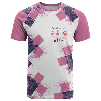 Golf Flamingo Friends T-Shirt Pink Argyle Pattern and Custom Name Text on White and Rose Color Block Graphic Tee