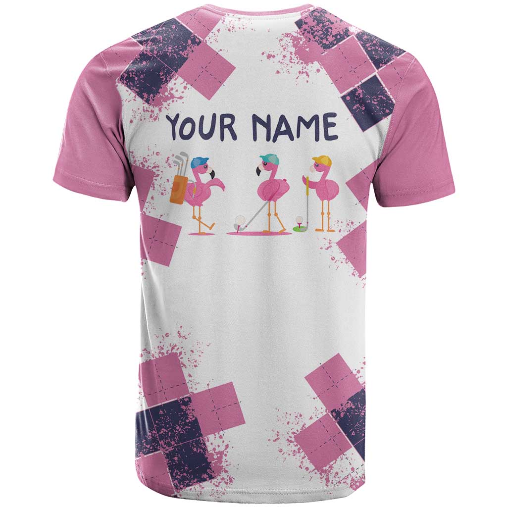 Golf Flamingo Friends T-Shirt Pink Argyle Pattern and Custom Name Text on White and Rose Color Block Graphic Tee