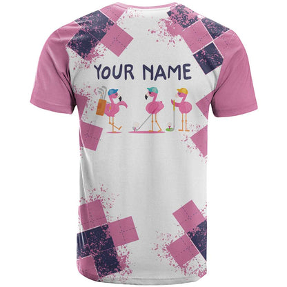 Golf Flamingo Friends T-Shirt Pink Argyle Pattern and Custom Name Text on White and Rose Color Block Graphic Tee