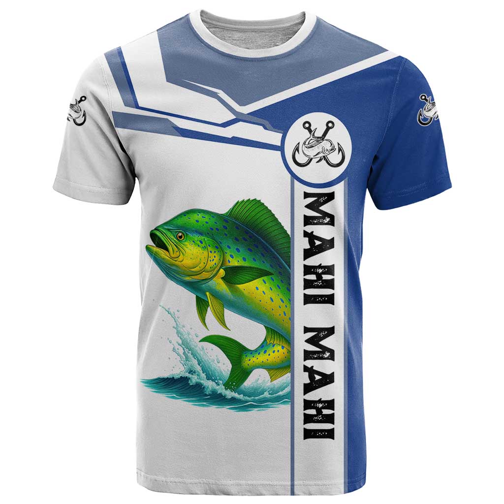 Mahi Mahi Fish T-Shirt Nautical Anchors and Wave Splash on White and Blue Split Background Graphic Tee