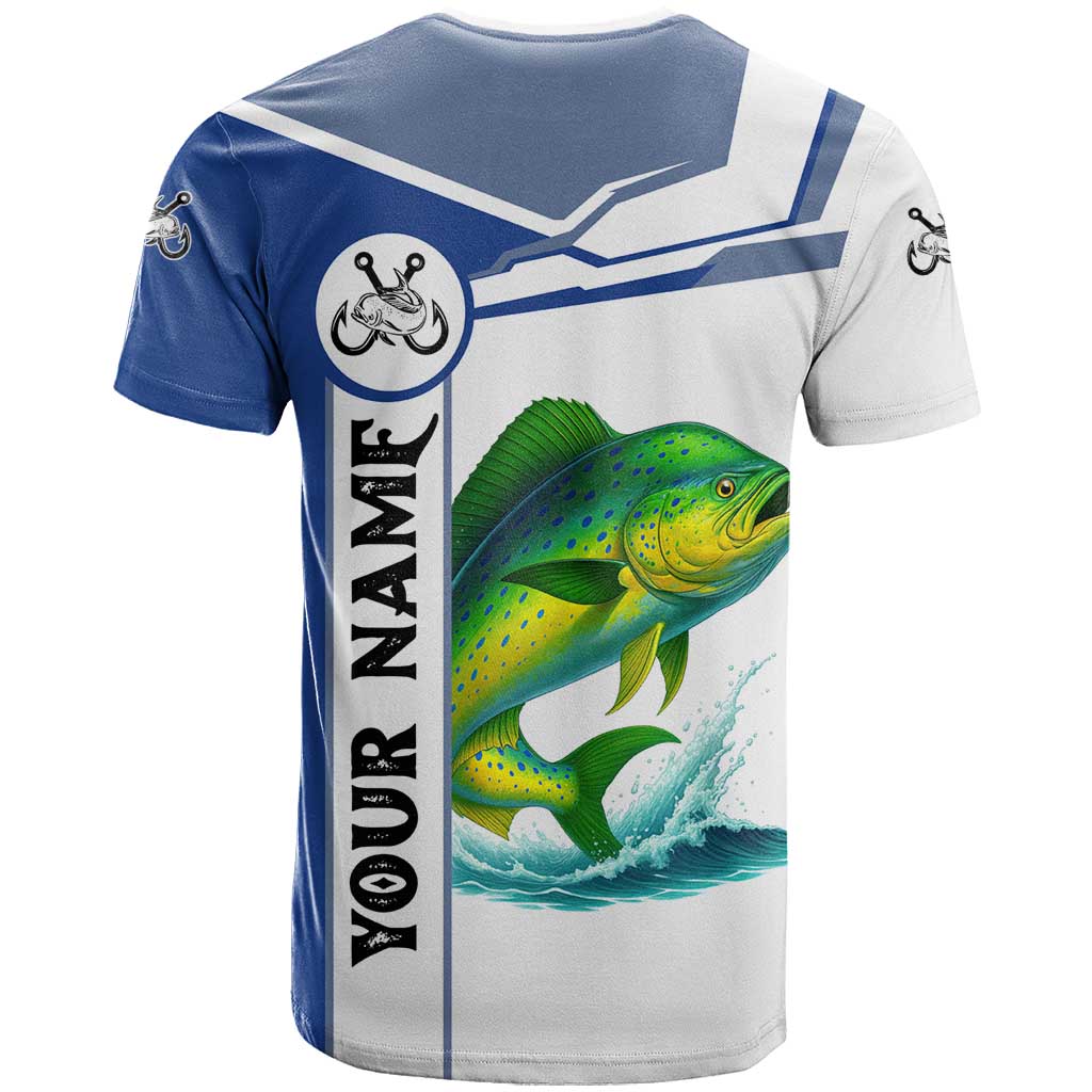 Mahi Mahi Fish T-Shirt Nautical Anchors and Wave Splash on White and Blue Split Background Graphic Tee