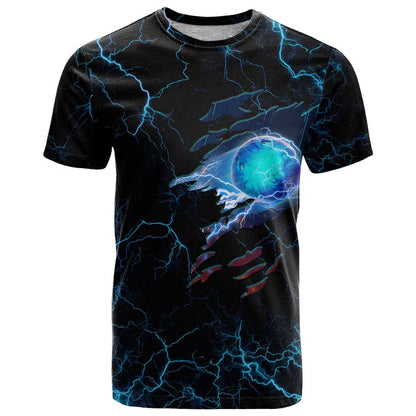 Lightning Bowling T-Shirt Electric Blue Ball and American Eagle Graphic on Stormy Black Background Graphic Tee