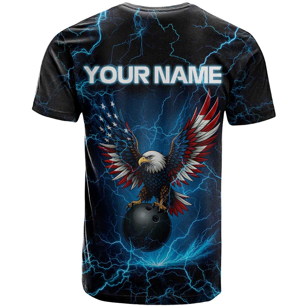 Lightning Bowling T-Shirt Electric Blue Ball and American Eagle Graphic on Stormy Black Background Graphic Tee