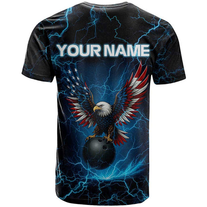 Lightning Bowling T-Shirt Electric Blue Ball and American Eagle Graphic on Stormy Black Background Graphic Tee