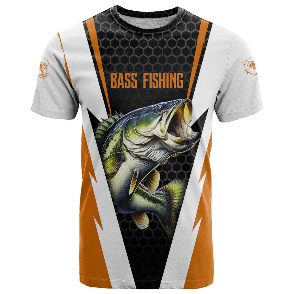 Bass Fishing T-Shirt Jumping Largemouth Fish on Black Hex Pattern and Orange White Lightning Accents Graphic Tee