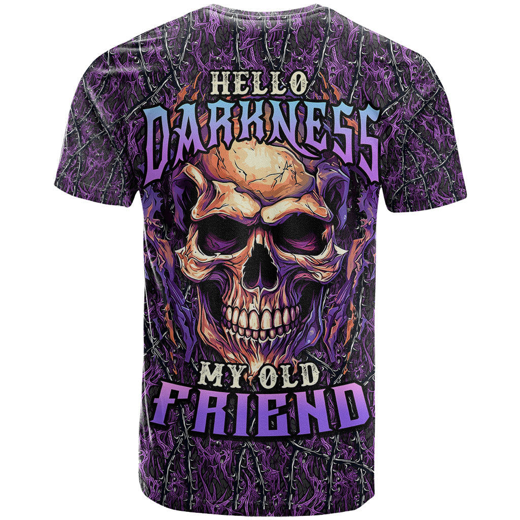 Skull T-Shirt Hello Darkness My Old Friend - Horror Seamless Pattern Purple Graphic Tee