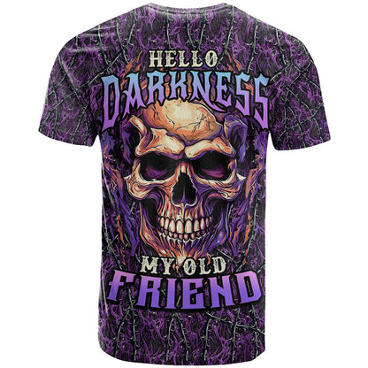 Skull T-Shirt Hello Darkness My Old Friend - Horror Seamless Pattern Purple Graphic Tee