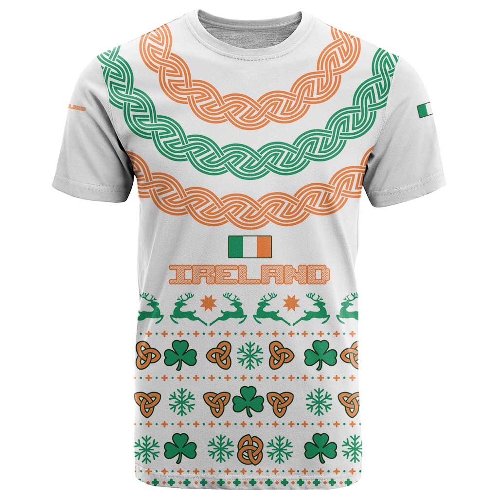 Ireland Christmas T-Shirt with Celtic Knot Shamrock and Tricolor Holiday Pattern Graphic Tee