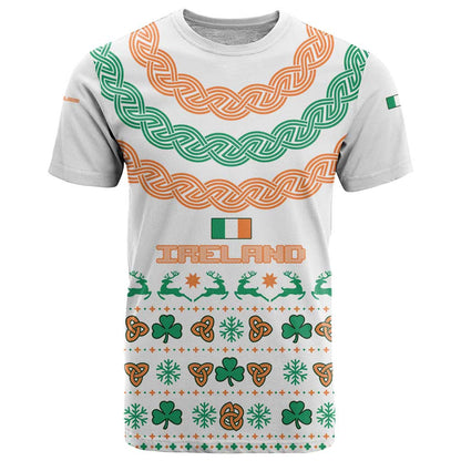 Ireland Christmas T-Shirt with Celtic Knot Shamrock and Tricolor Holiday Pattern Graphic Tee