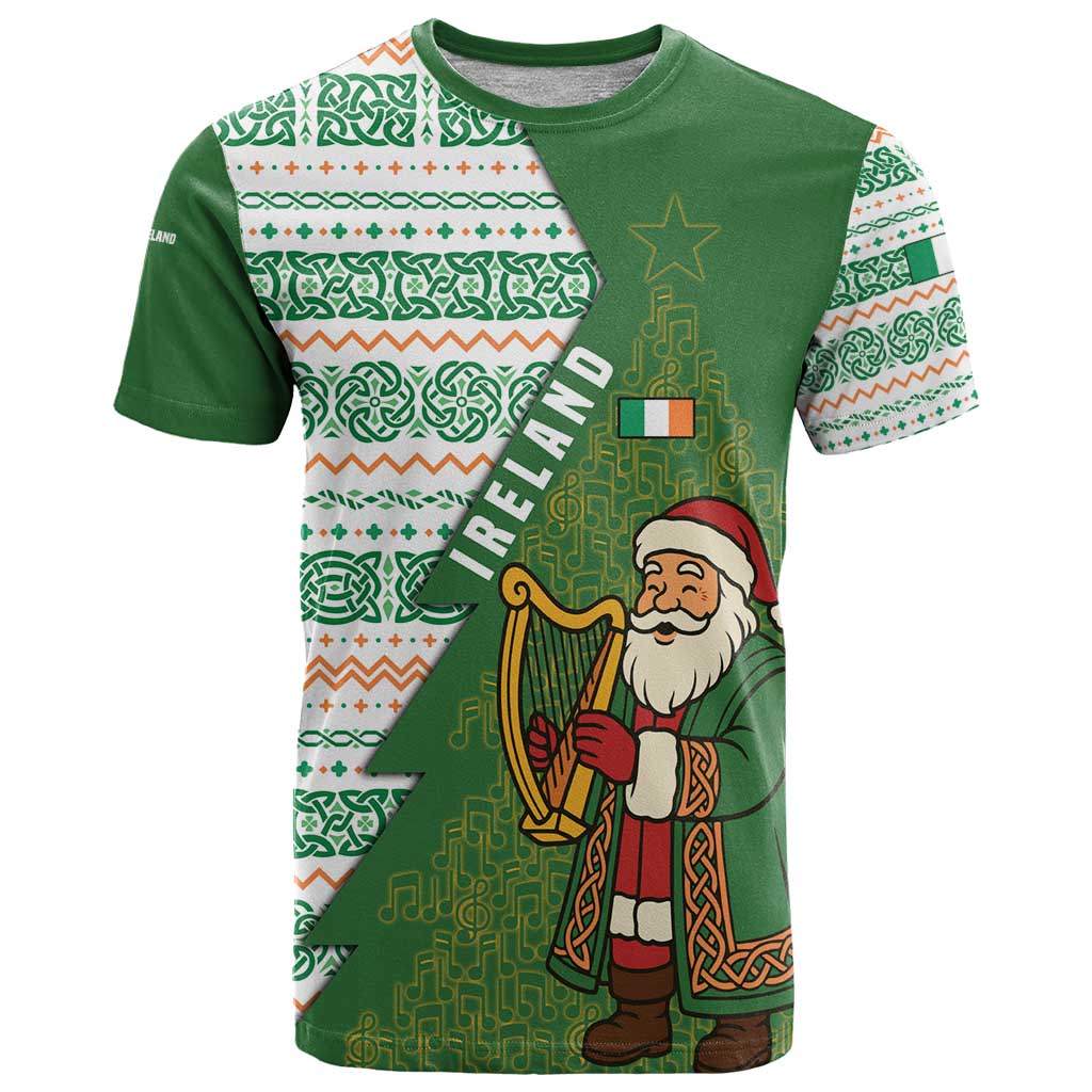 Ireland Christmas T-Shirt with Celtic Harp Santa and Green Holiday Pattern Graphic Tee