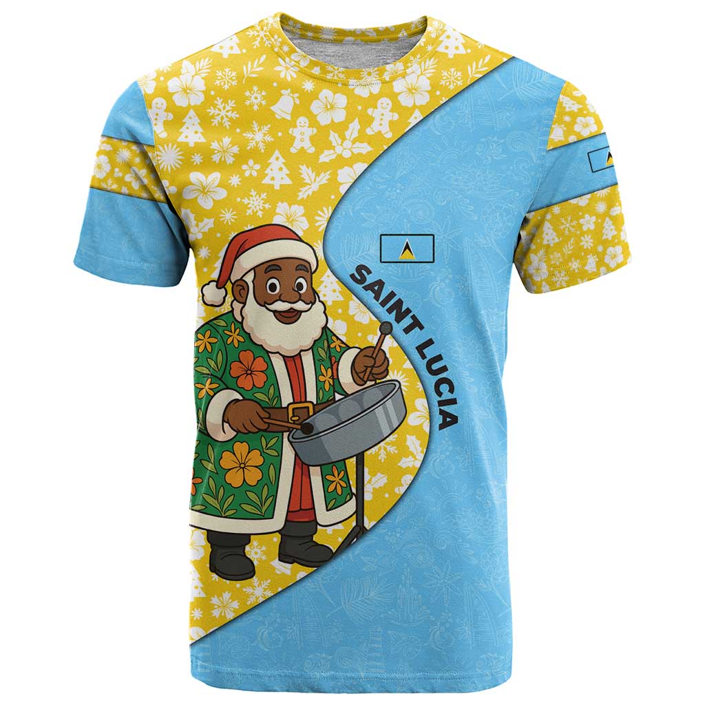 Saint Lucia Christmas T-Shirt with Steelpan Santa Floral Pattern and Flag Graphic Tee