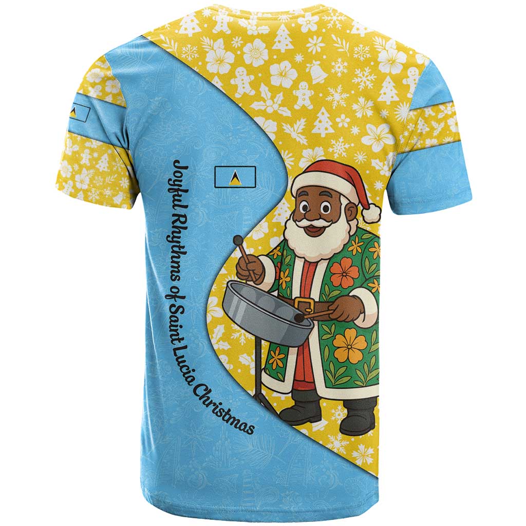 Saint Lucia Christmas T-Shirt with Steelpan Santa Floral Pattern and Flag Graphic Tee
