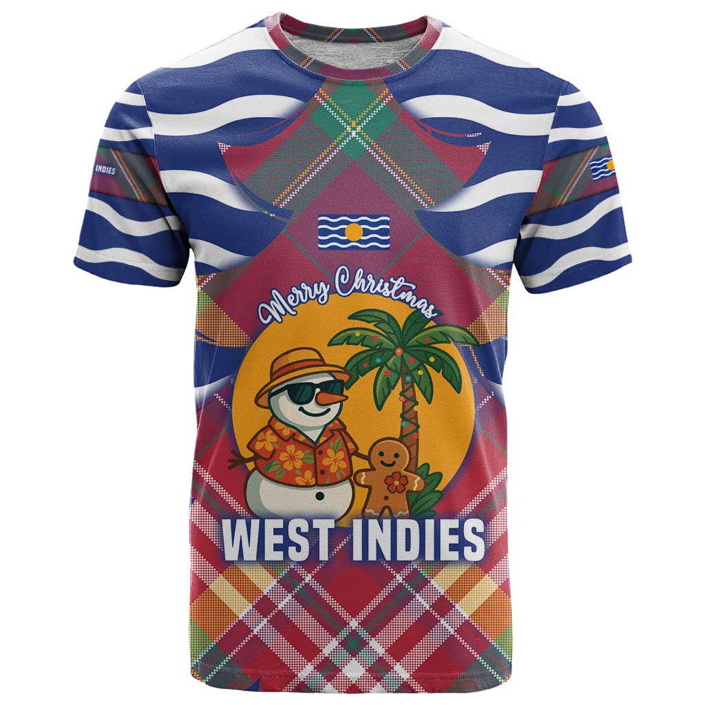 West Indies Christmas T-Shirt with Tropical Snowman Palm Tree Gingerbread and Plaid Design Graphic Tee