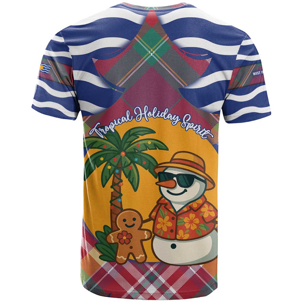 West Indies Christmas T-Shirt with Tropical Snowman Palm Tree Gingerbread and Plaid Design Graphic Tee