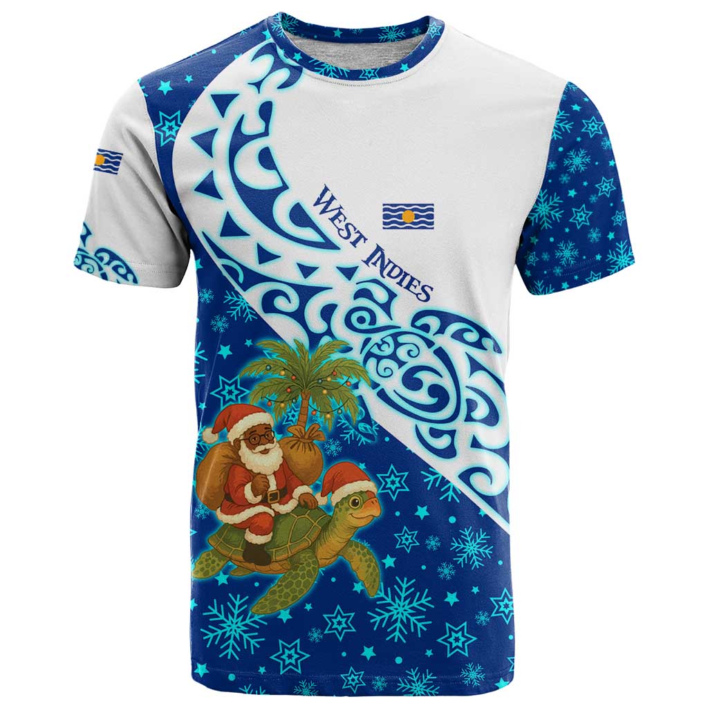 West Indies Christmas T-Shirt with Santa Riding Turtle Palm Tree and Tribal Snowflake Design Graphic Tee