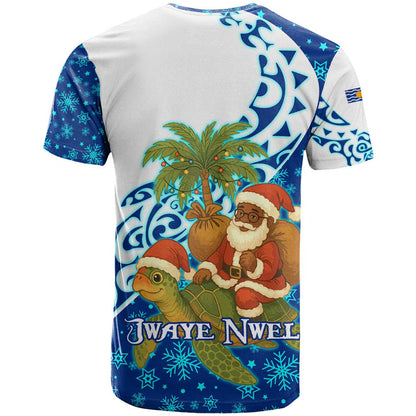West Indies Christmas T-Shirt with Santa Riding Turtle Palm Tree and Tribal Snowflake Design Graphic Tee