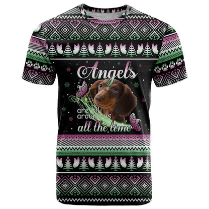 Christmas Dachshund Angel Dog T-Shirt Pink Green Tree Feather Pattern Design Graphic Tee