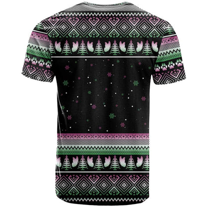 Christmas Dachshund Angel Dog T-Shirt Pink Green Tree Feather Pattern Design Graphic Tee