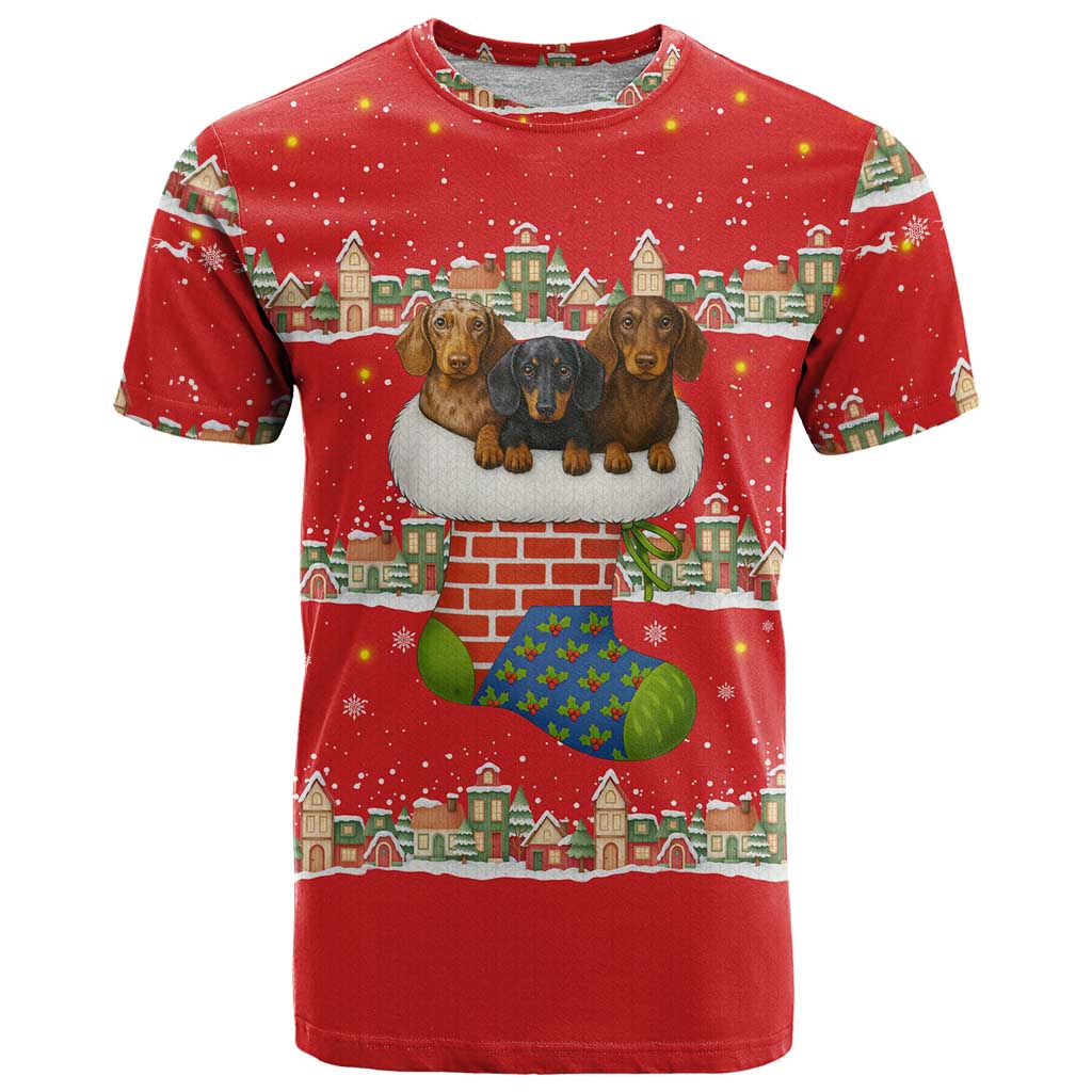 Funny Dachshund Dog Light Up Christmas T-Shirt Snowy Village Red Holiday Design Graphic Tee